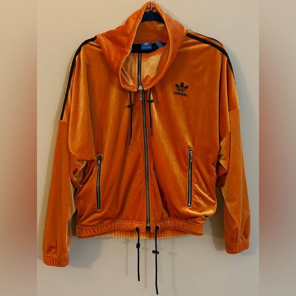 adidas Originals Jackets & Blazers - Adidas Orange Velour Track Jacket Full Zip Sweater with Zippered Pockets